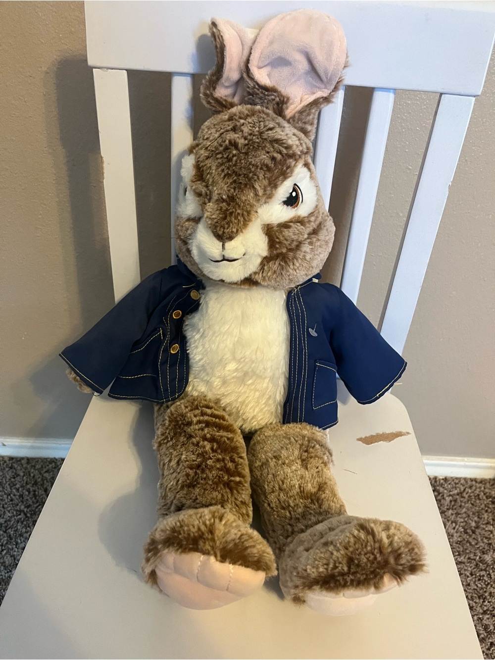 Plush Bunny Stuffed Animal in Brown with Navy Jacket - Kids Toy